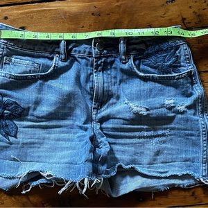 All Saints Jean Shorts Women's 27 Blue Denim Cotton Floral Distressed Cut Off